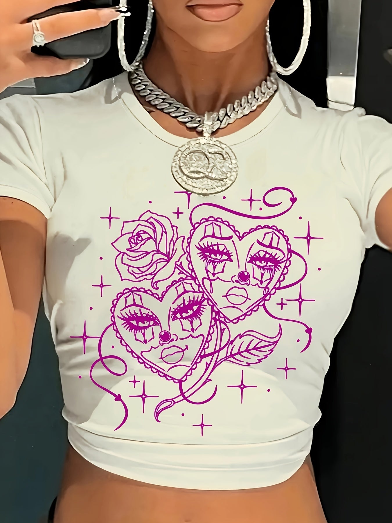 Y2K Rose Mask Graphic Crop Top T-Shirt - White with Purple Heart & Floral Print Design, Short Sleeve, Breathable Polyester Blend, Machine Washable, Women’s Fashion, Casual Wear | Graphic Tee | Semitransparent Material